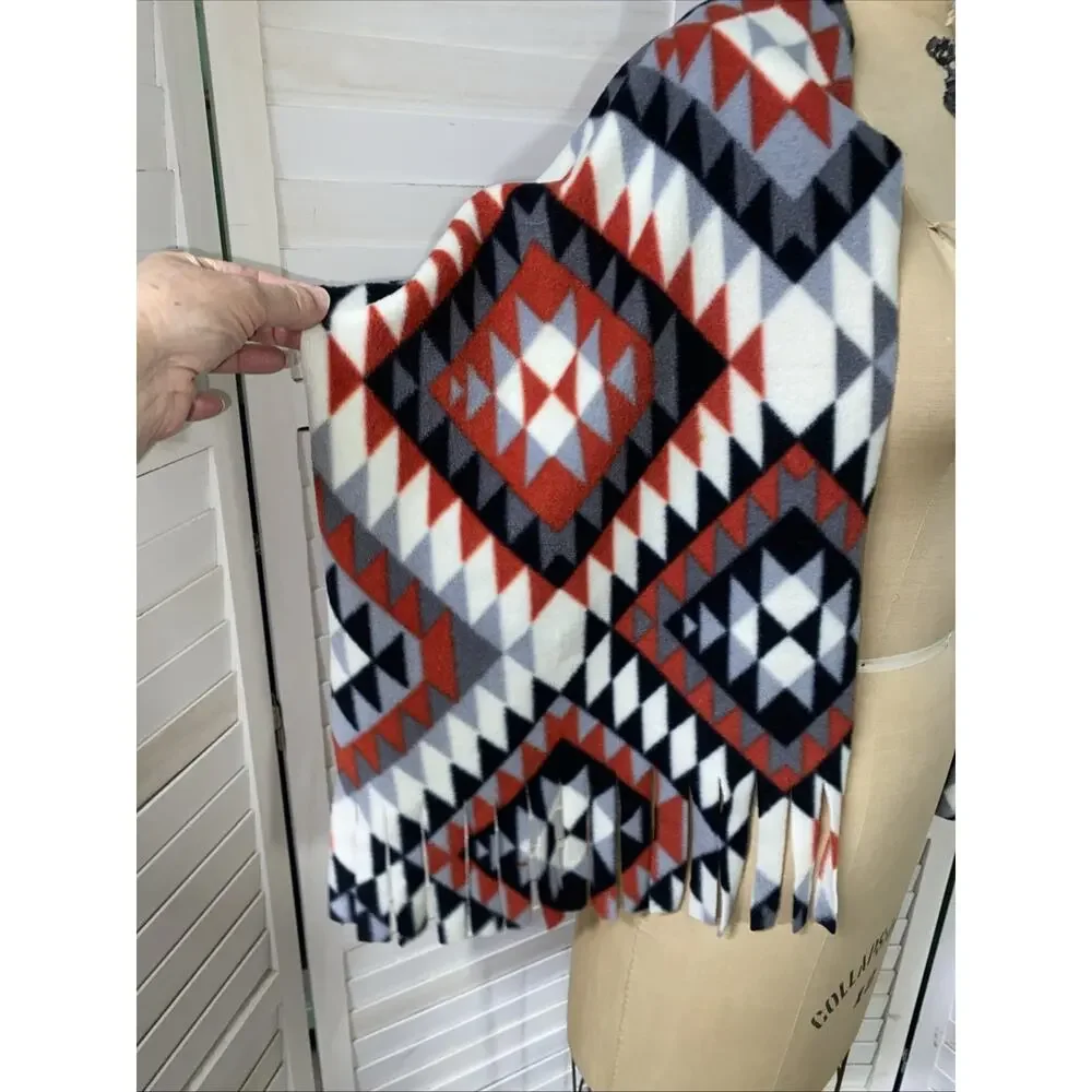 Fleece Fringe Wrap Scarf Native American Aztec Print 55” X 13.5”